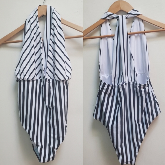 ASOS Other - NWT ASOS Swimsuit Fuller Bust Halter Plunge Black/White Stripes Size 6 G/H